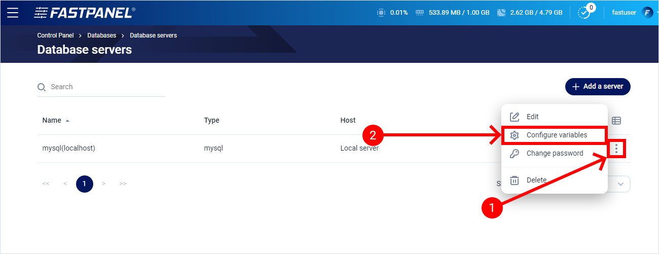 Edit database server settings in FASTPANEL