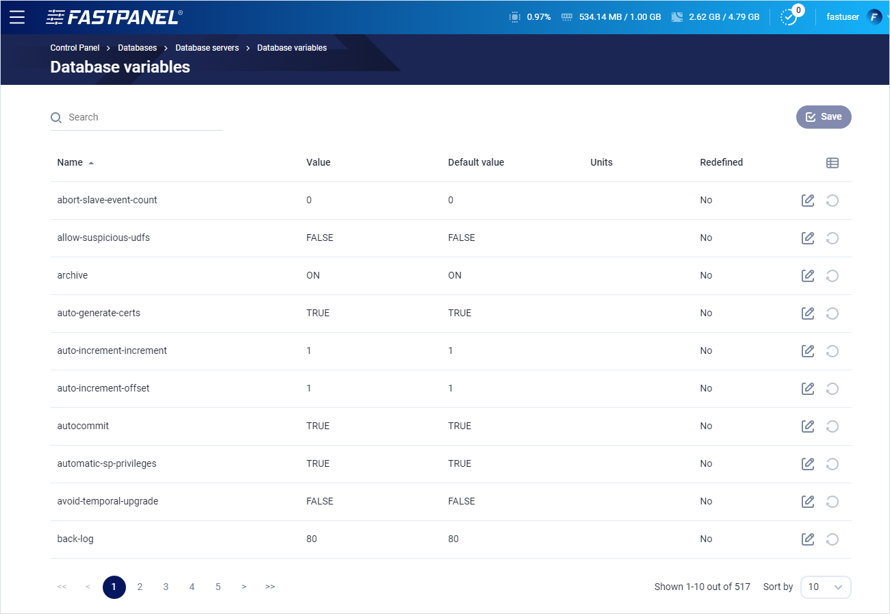 Edit MySQL settings in FASTPANEL