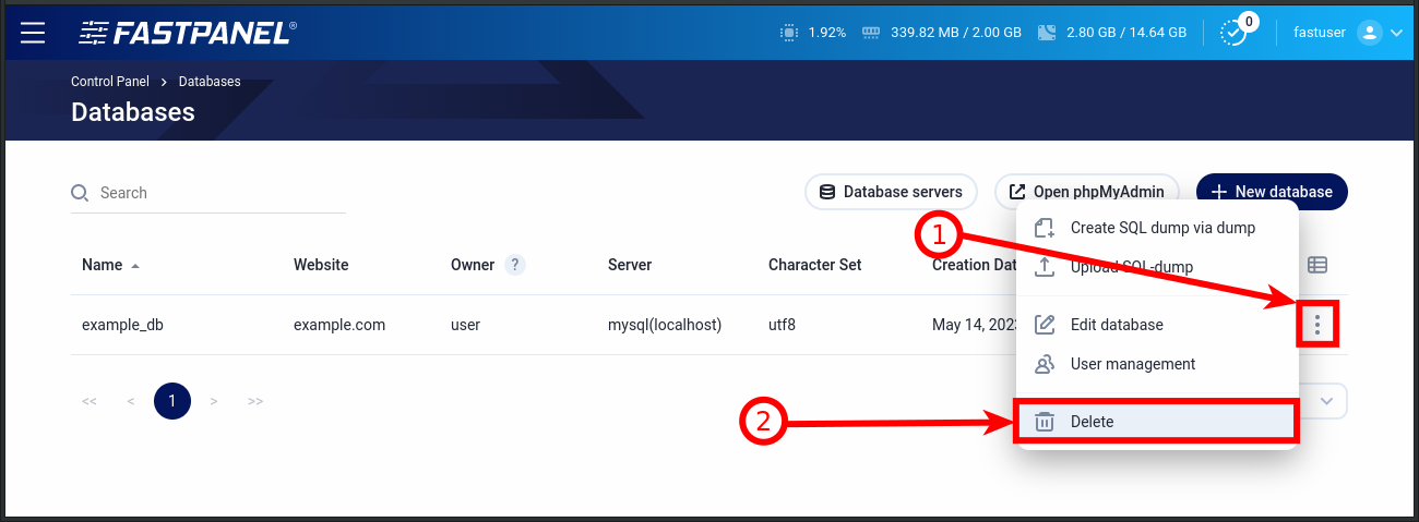 Delete a database in FASTPANEL