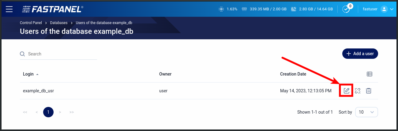 Edit database user in FASTPANEL