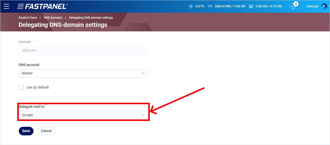 Delegate a mail domain in FASTPANEL