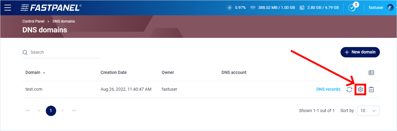 DNS domain settings in FASTPANEL