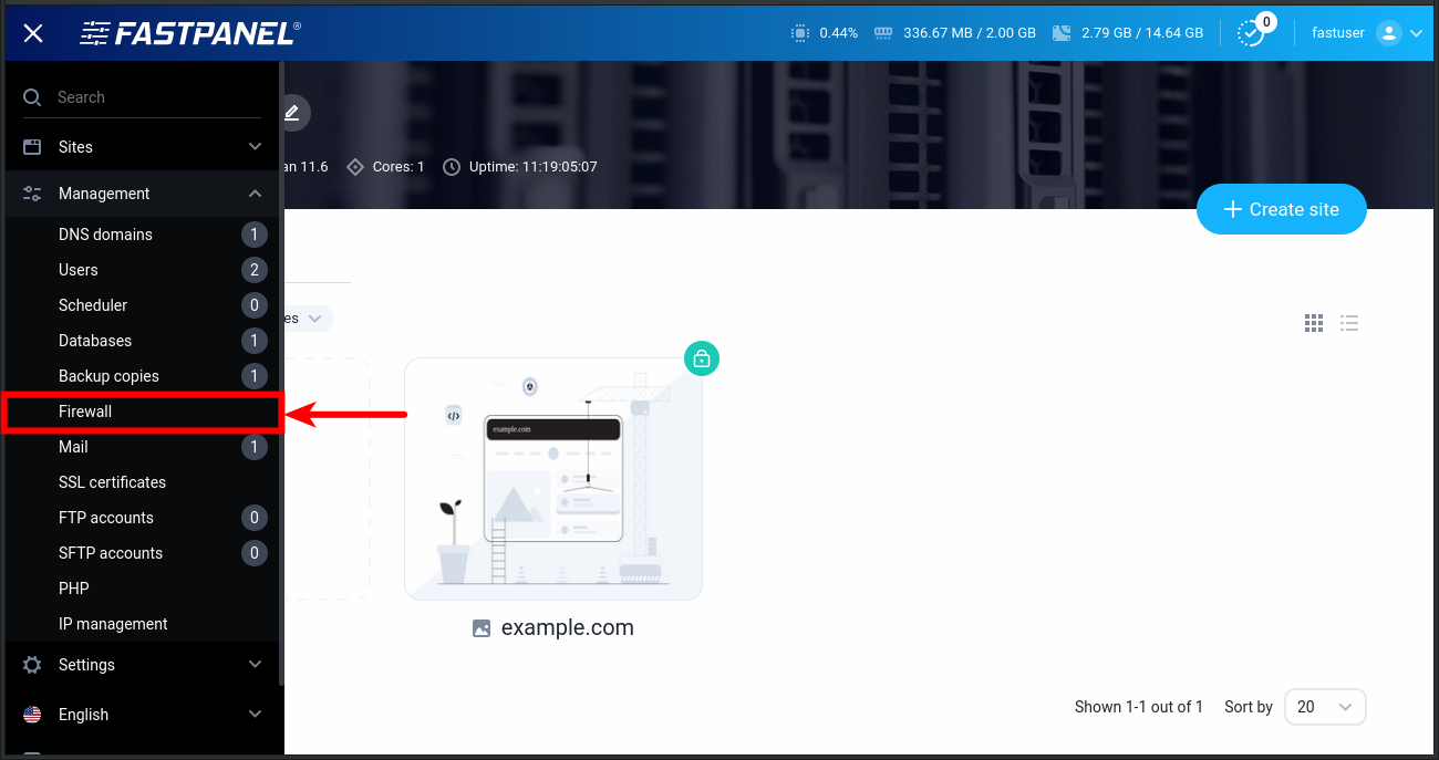 Firewall management menu in FASTPANEL