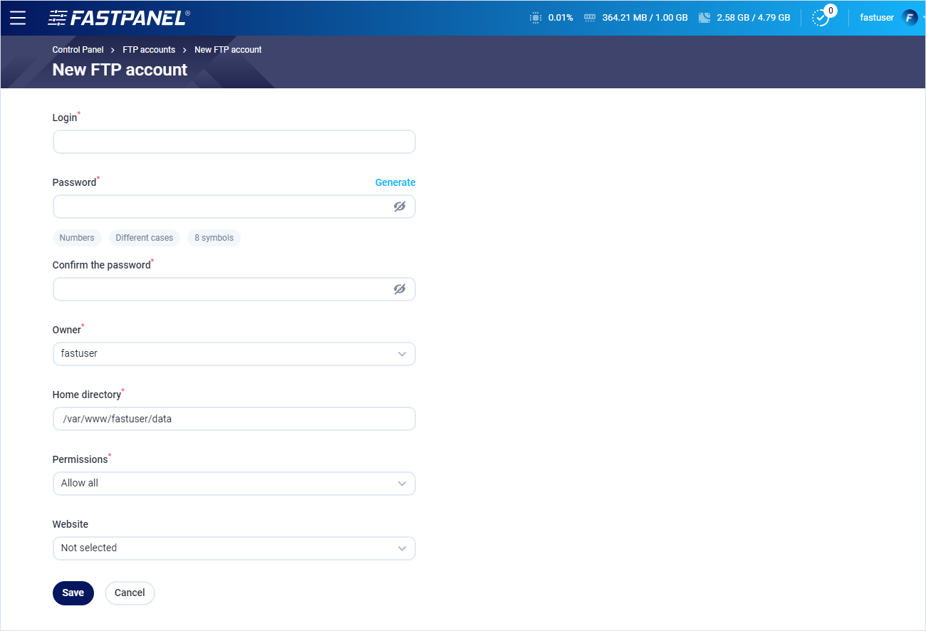 FTP account settings in FASTPANEL