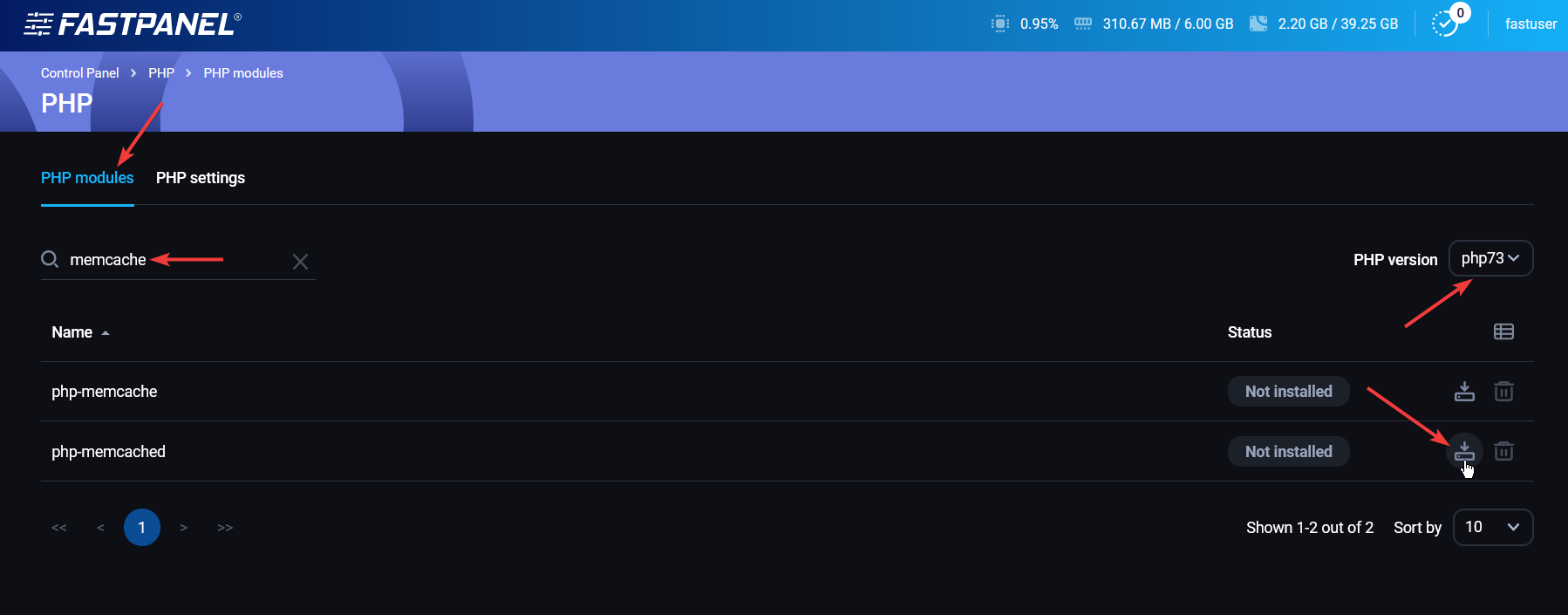 Install PHP memcached module in FASTPANEL