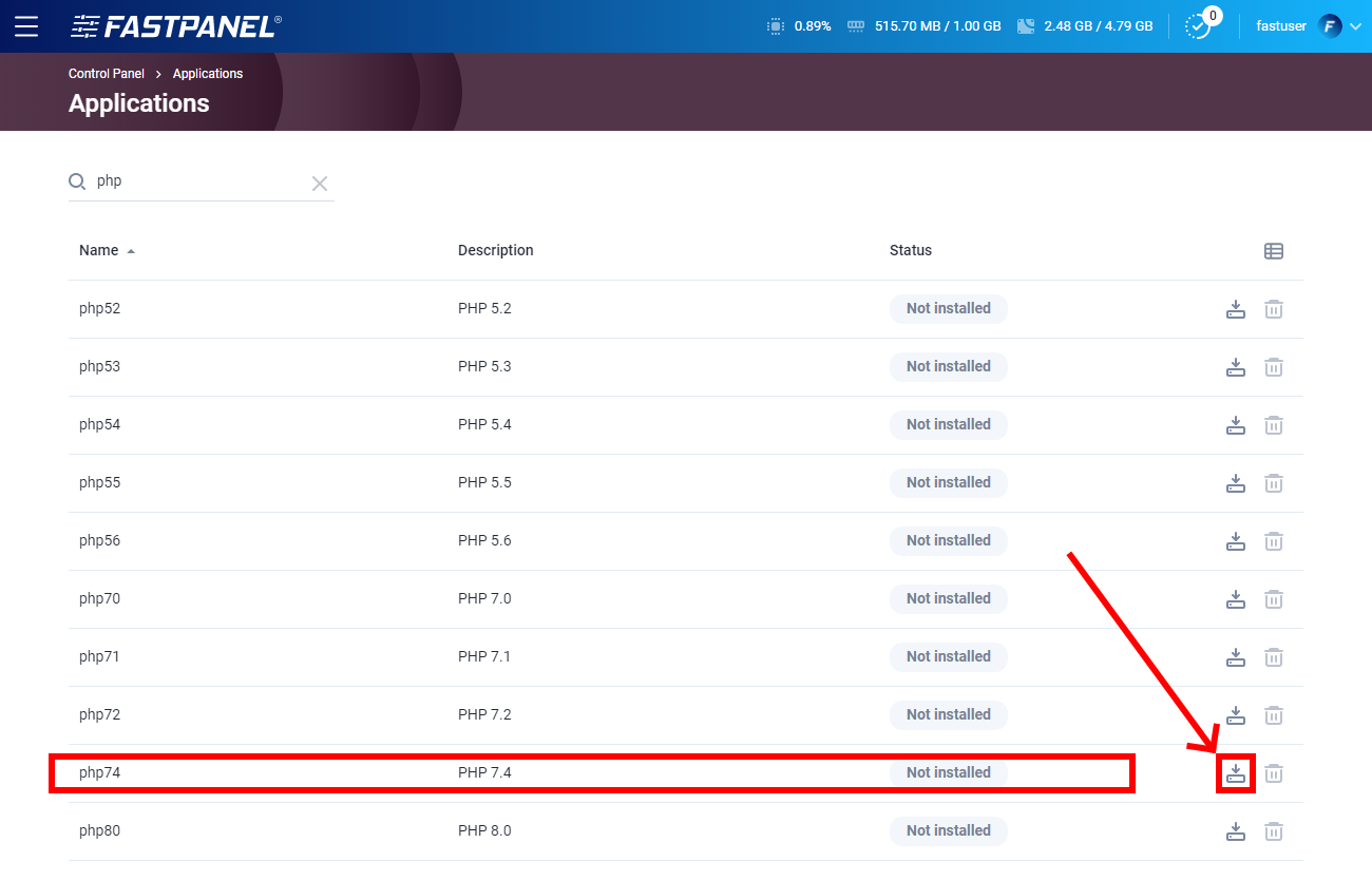 Install an additional PHP version in FASTPANEL