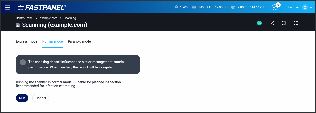 Antivirus scanning settings in FASTPANEL