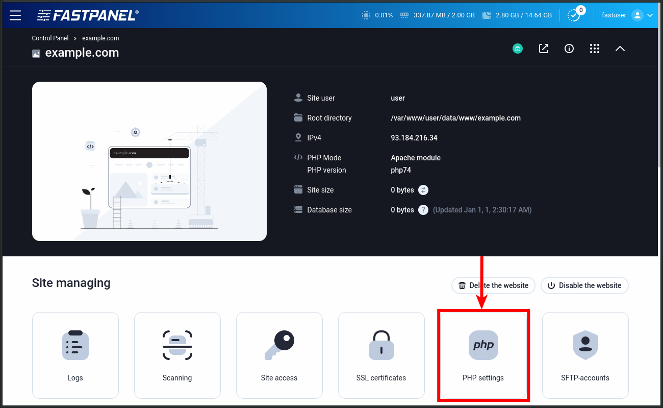 PHP settings menu in FASTPANEL