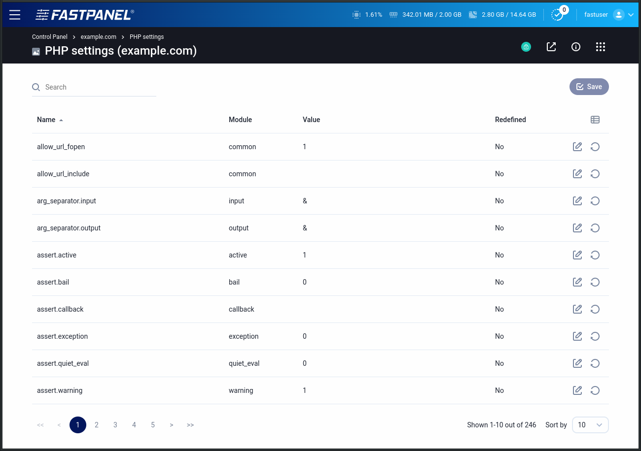 PHP variables configuration in FASTPANEL