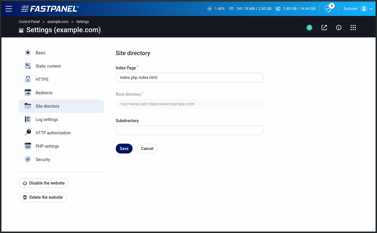 Website root directory settings in FASTPANEL