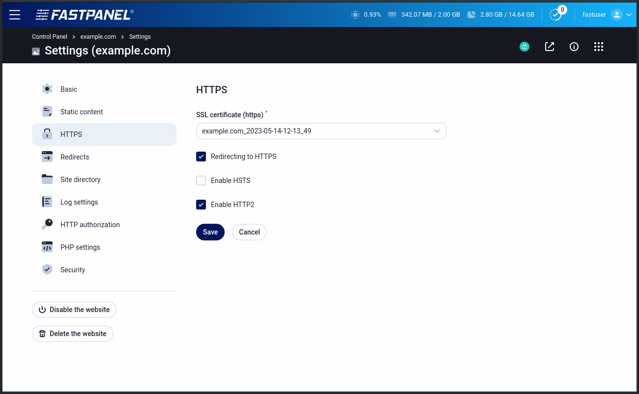 HTTPS settings in FASTPANEL