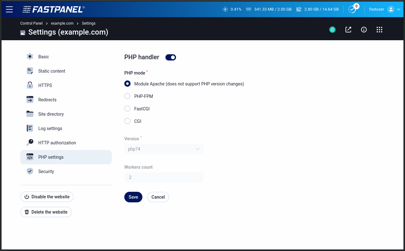 Website PHP settings in FASTPANEL