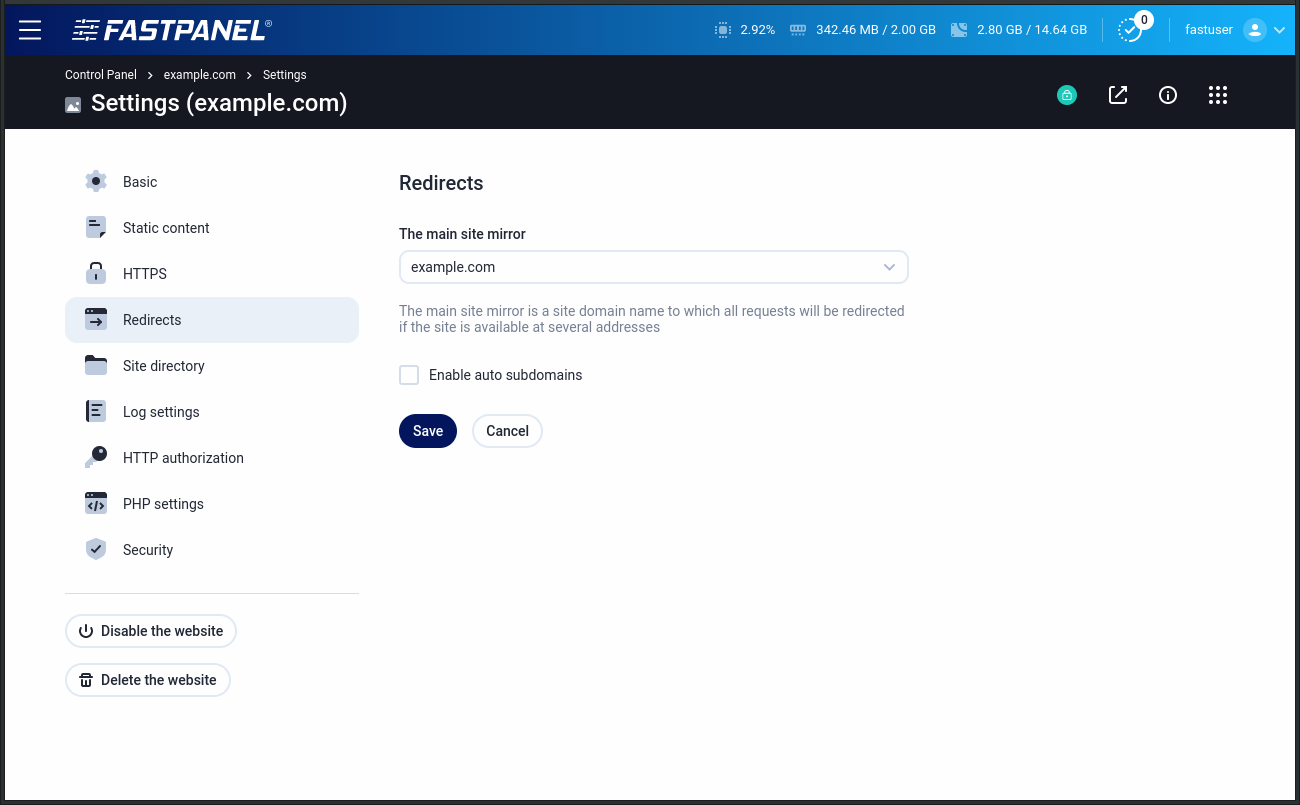 Website redirects settings in FASTPANEL