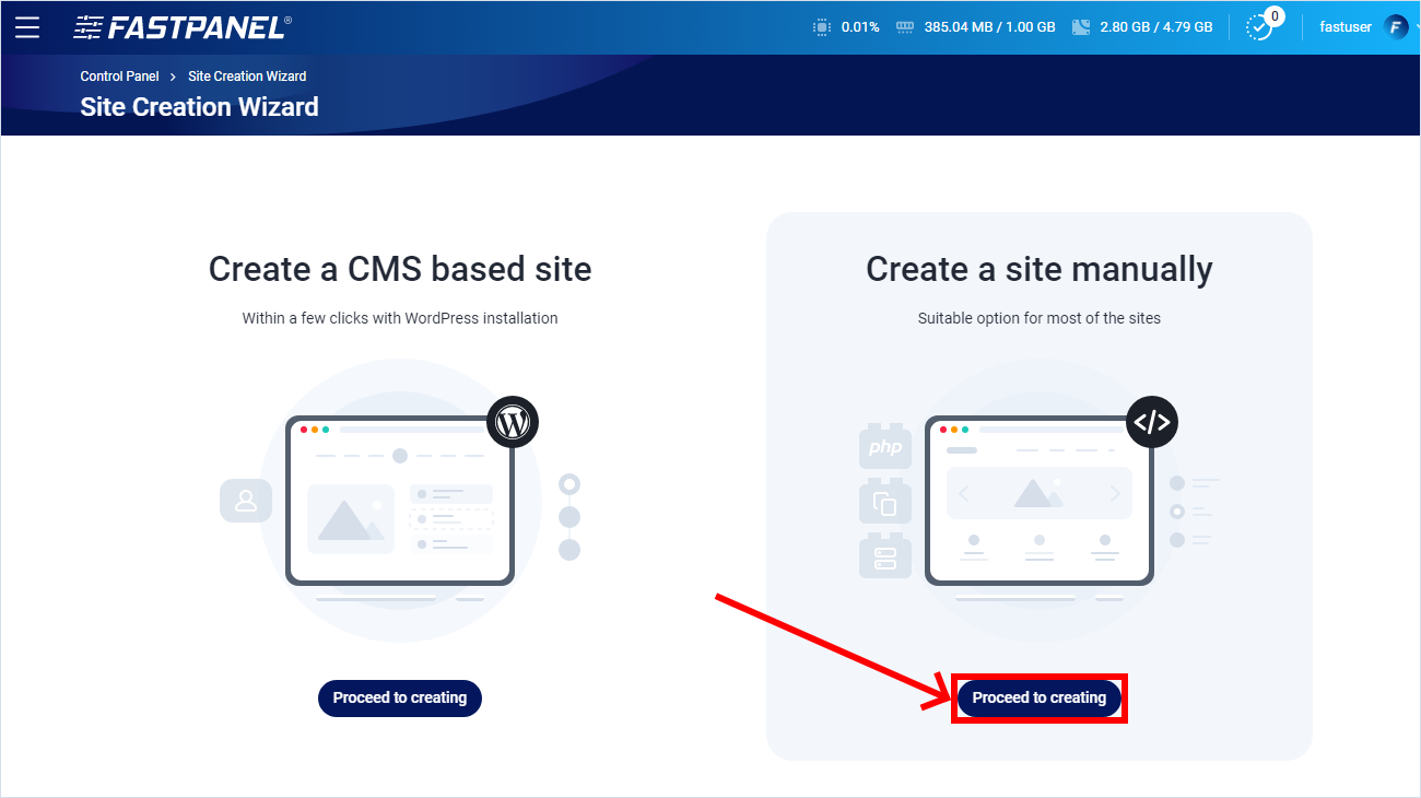 Create a site manually in FASTPANEL